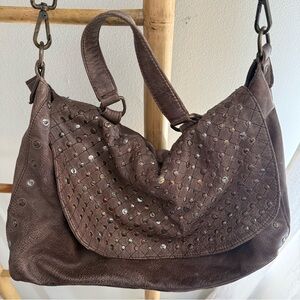 Woven Stud-Accent Hobo Bag - Brown